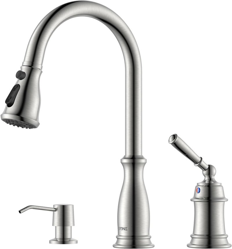 DAYONE 3 Holes Kitchen Sink Faucets with Pull Down Sprayer and Soap Dispenser, 2 Holes Brushed Nickel Sink Faucet for Kitchen by , Single Handle High Arc, DAY-279BN - Image 1